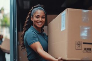 A person fills out a change of address form at a desk with moving boxes nearby.